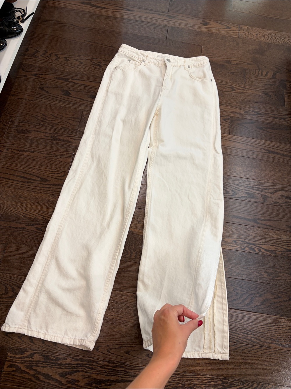 High-Rise Cream Wide-Leg Jeans with Side Slit